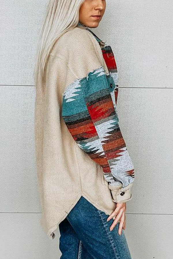Lapel Cardigan Ethnic Print Plush Jacket