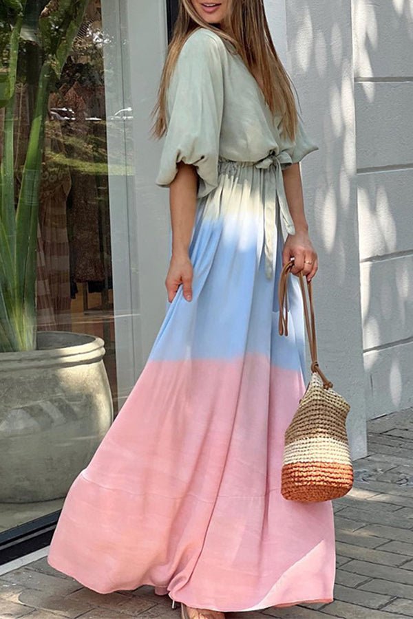 V-neck Tie-dye Gradient Puff-sleeve Maxi Dress