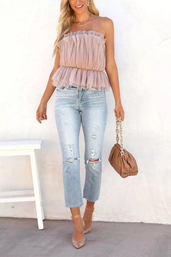 Strapless Plisse Tulle Top