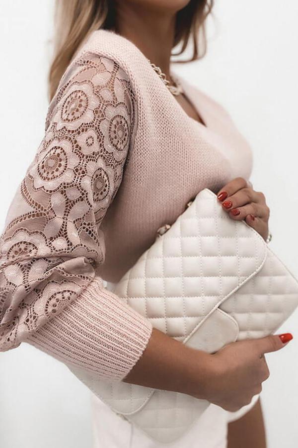 V-neck Knitted Lace Sleeve Sweater