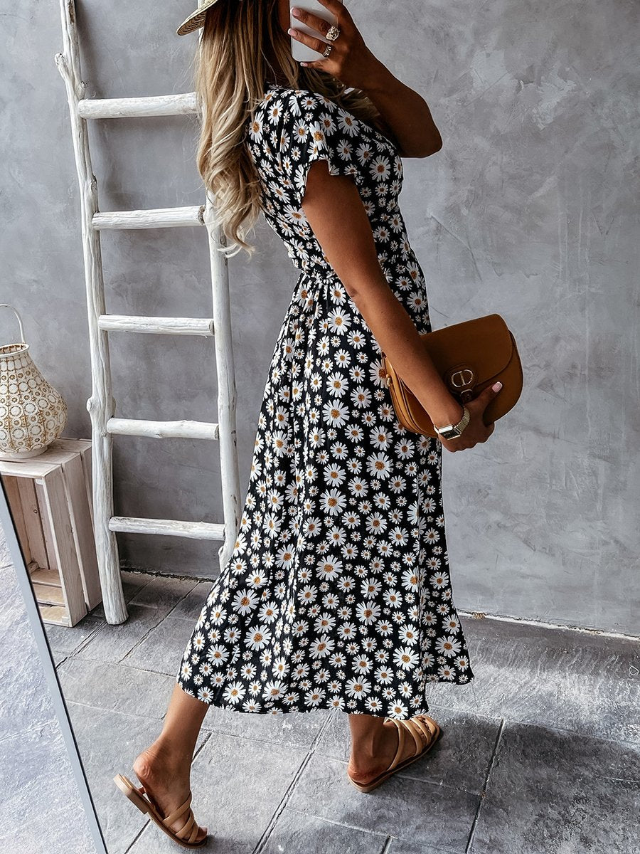 Daisy Print V-neck Short Sleeve Wrap Maxi Dress