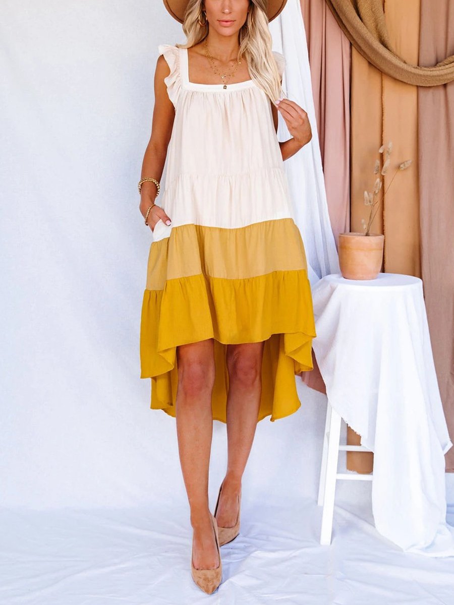 U-neck Colorblock Ruffle U-neck High-low Dress