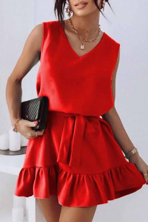 V-Neck Sleeveless Gathered Waist Mini Dress