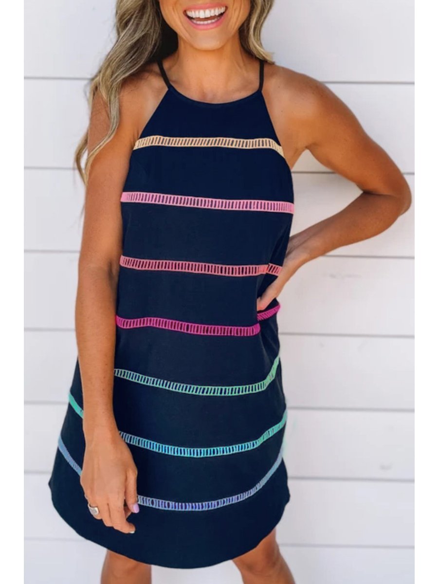 Halter Neck Sleeveless Striped Mini Dress