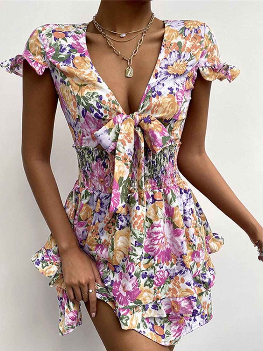 V-neck Knot Front Print Smocked Mini Dress