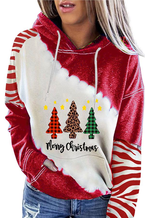 Santa Claus Print Color Block Hoodie (Red)