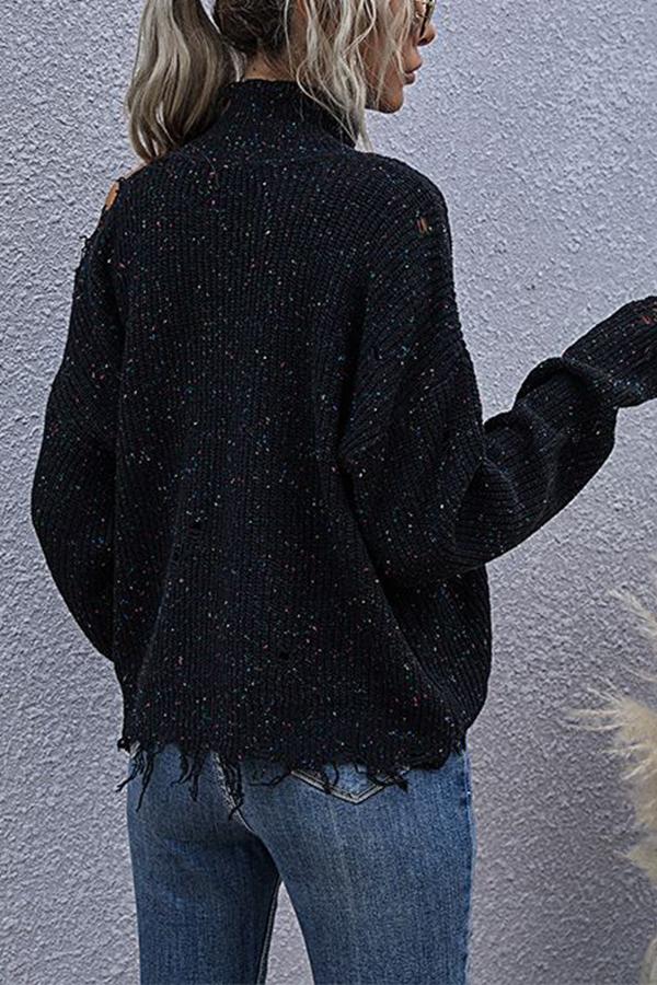Off-shoulder Ripped Long-sleeved High-neck Knitted Sweater