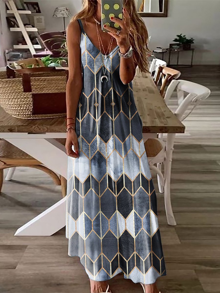Stylish Geometric Print Sling Baggy Dress