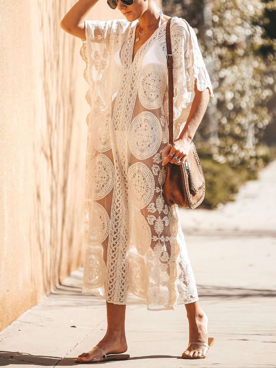 Mesh Embroidered V-neck Elegant Holiday Beach Smock Dress