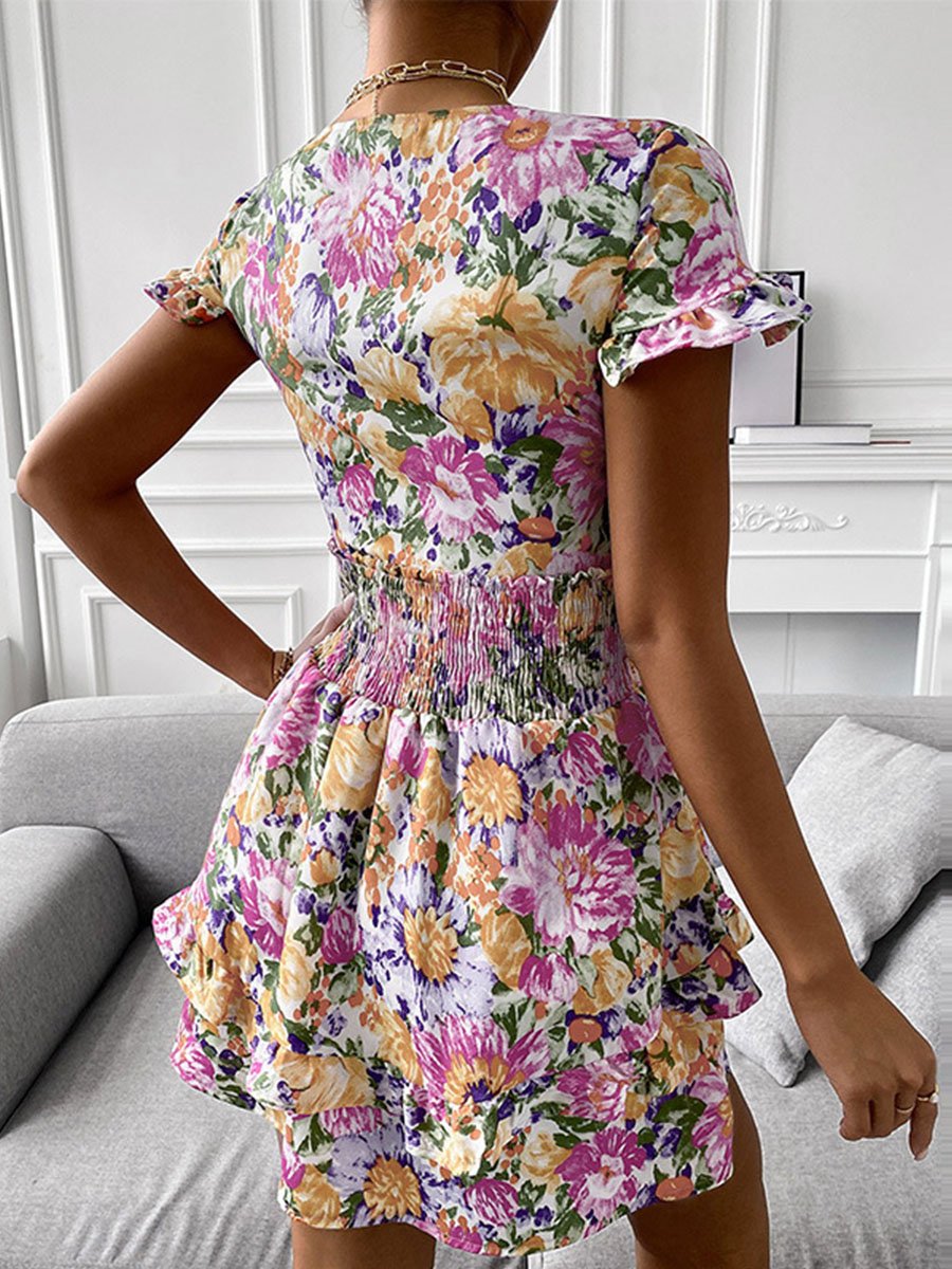 V-neck Knot Front Print Smocked Mini Dress