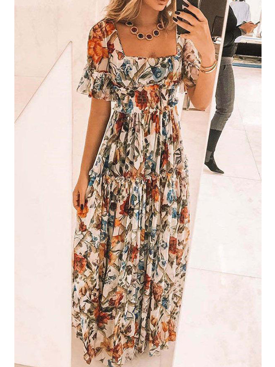 Square Neck Floral Print Bohemian Maxi Dress