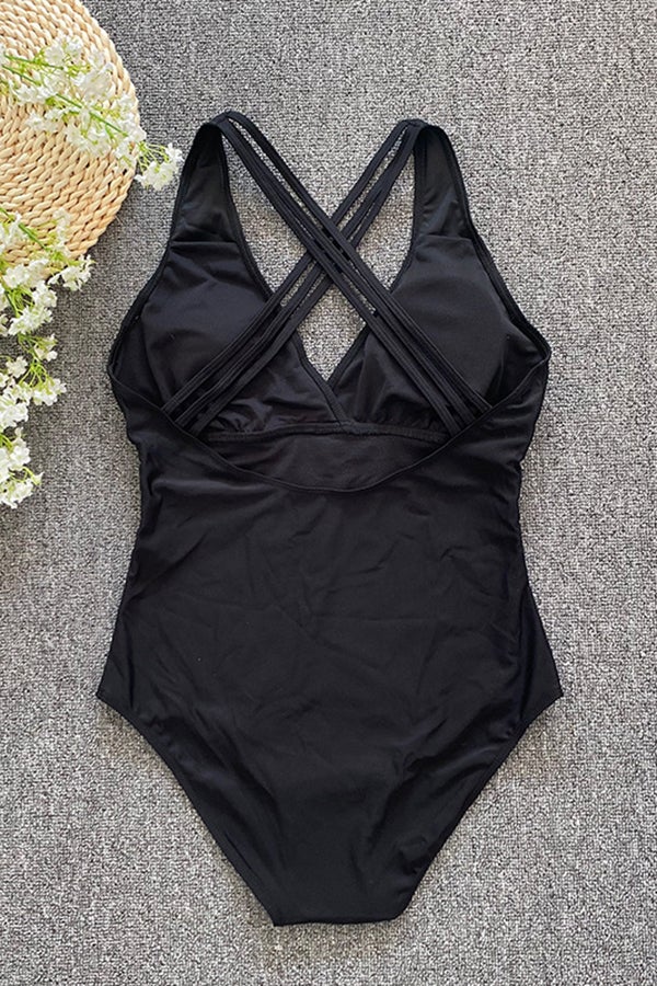 Solid Color Open Back Three-dimensional Striped One-piece Swimsuit