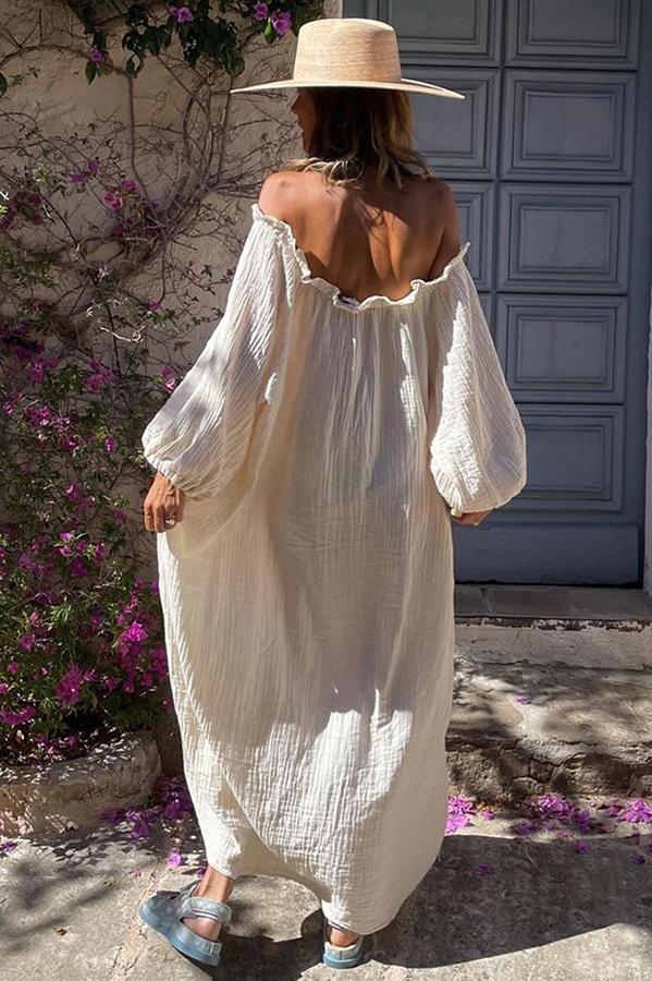 Cotton Linen Off Shoulder Midi Dress
