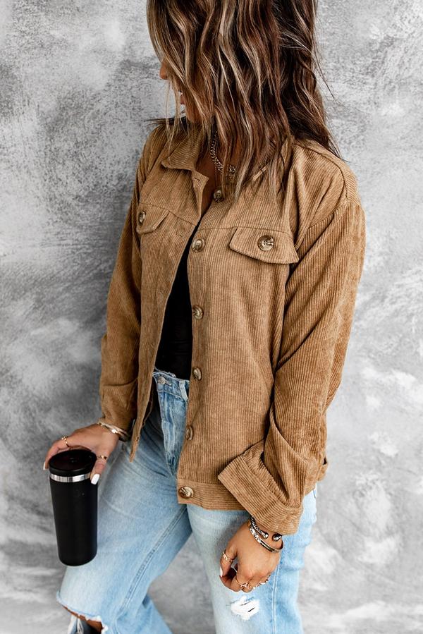 Ribbed Corduroy Long Sleeve Jacket with Pocket