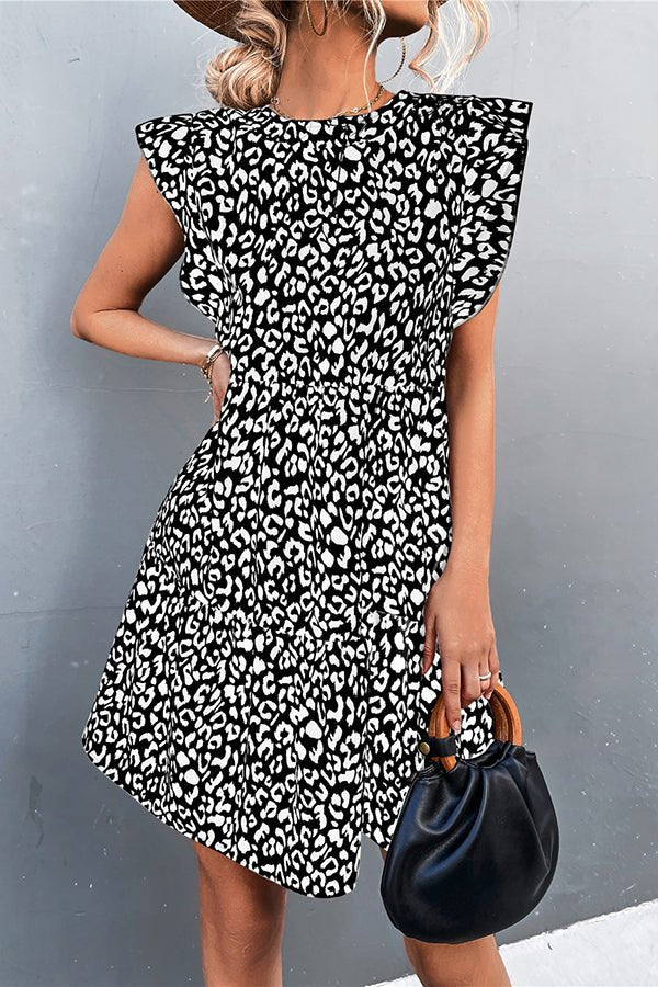 Crew Neck Flyer Sleeves Vintage Leopard Print Mini Dress