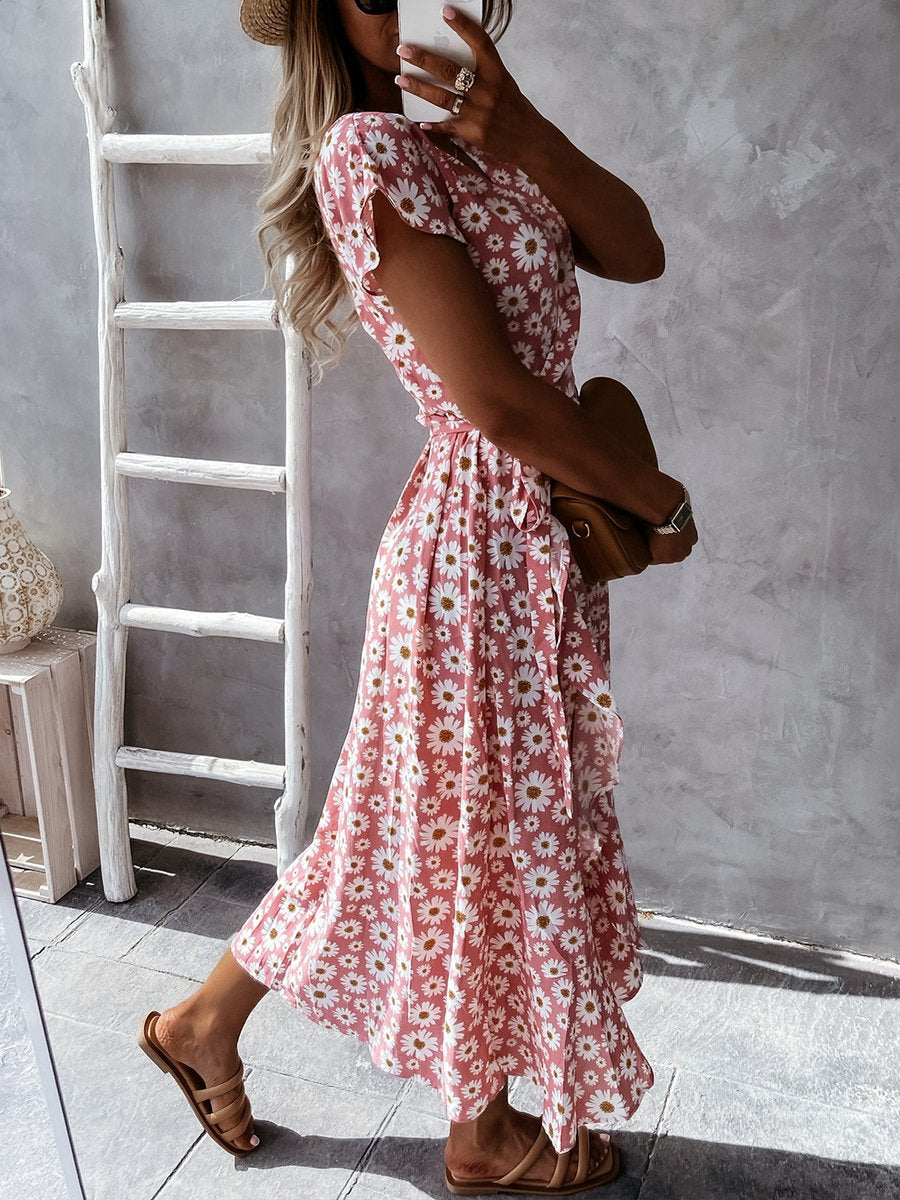 Daisy Print V-neck Short Sleeve Wrap Maxi Dress