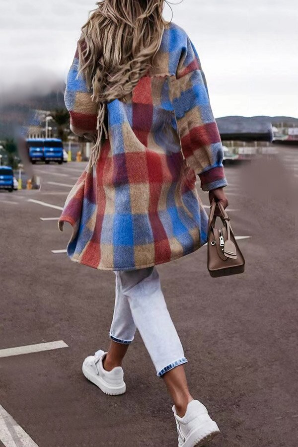 On-trend Mid-length Plaid Lapel Button Down Coat