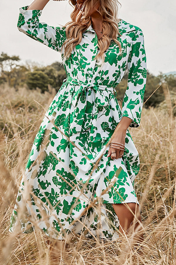 Fashion Women's Green Print Lace-up Dress