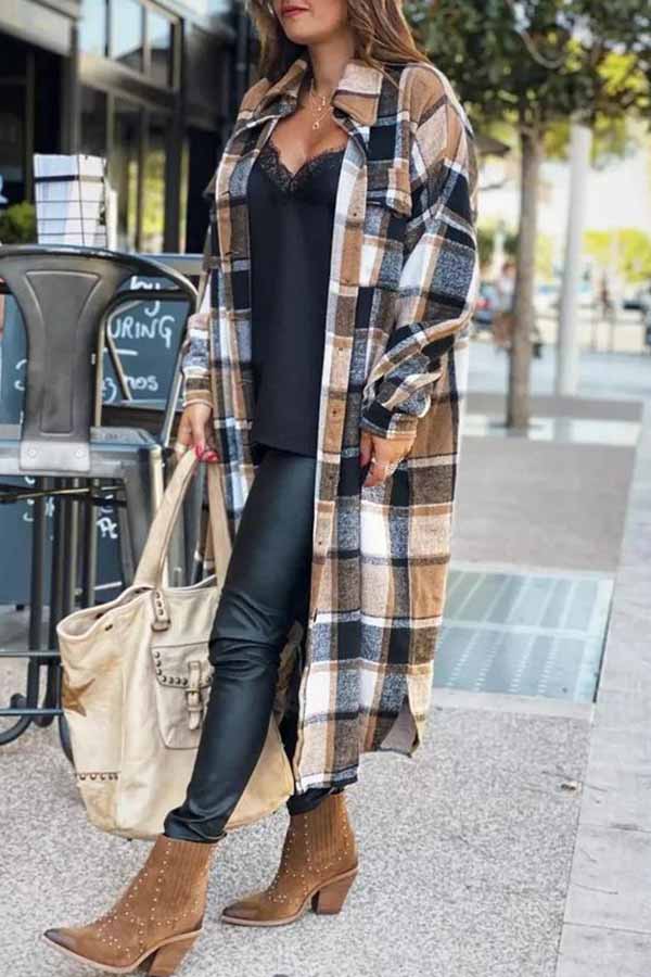 Lapel Plaid Coat Tops