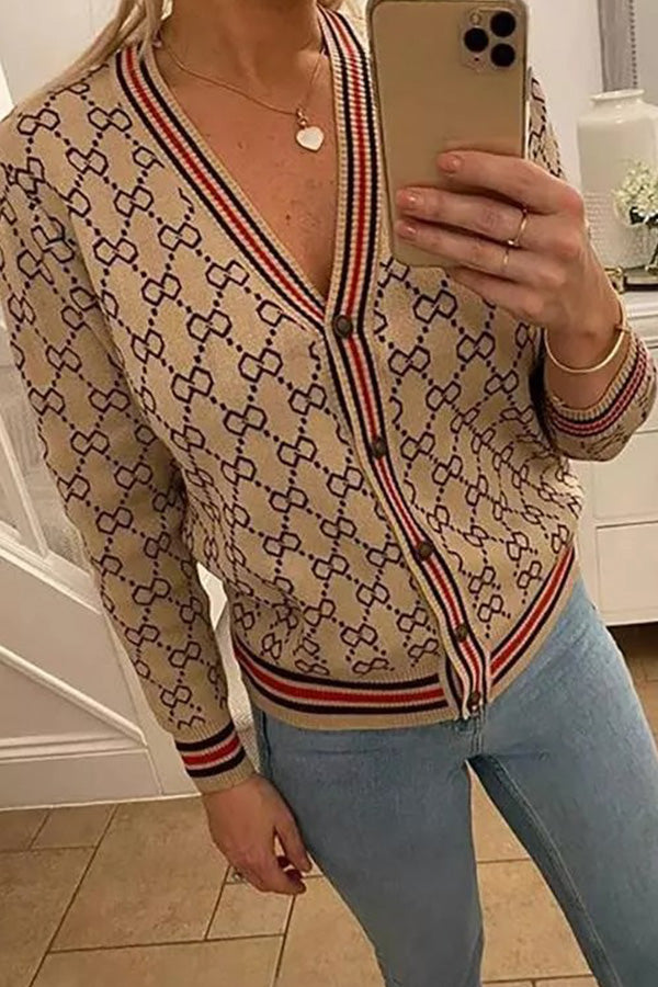 Reversible Letter Print Button Cardigan