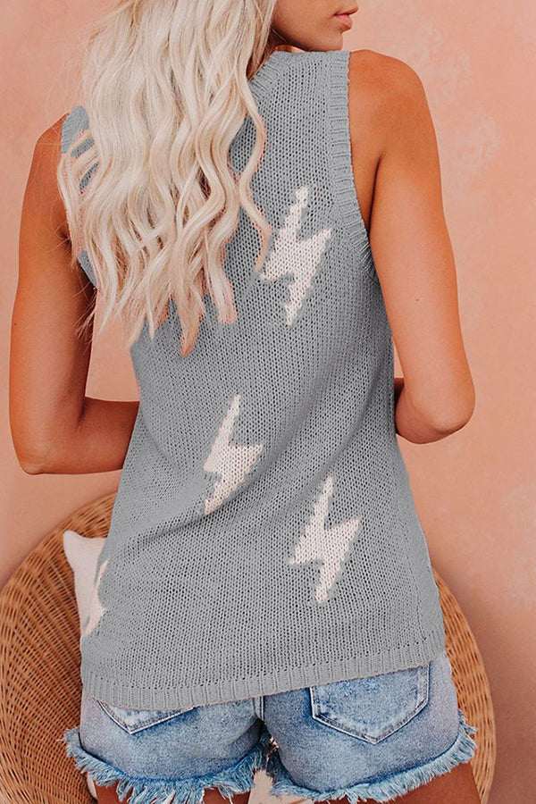 V-neck Lightning Print Vest Knit Sleeveless Top