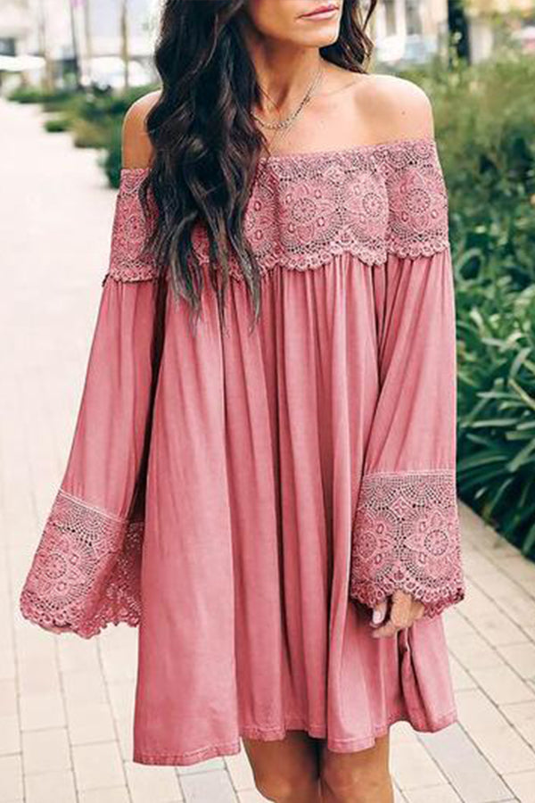 Off-Shoulder Lace Stitching Flared Sleeve Mini Dress