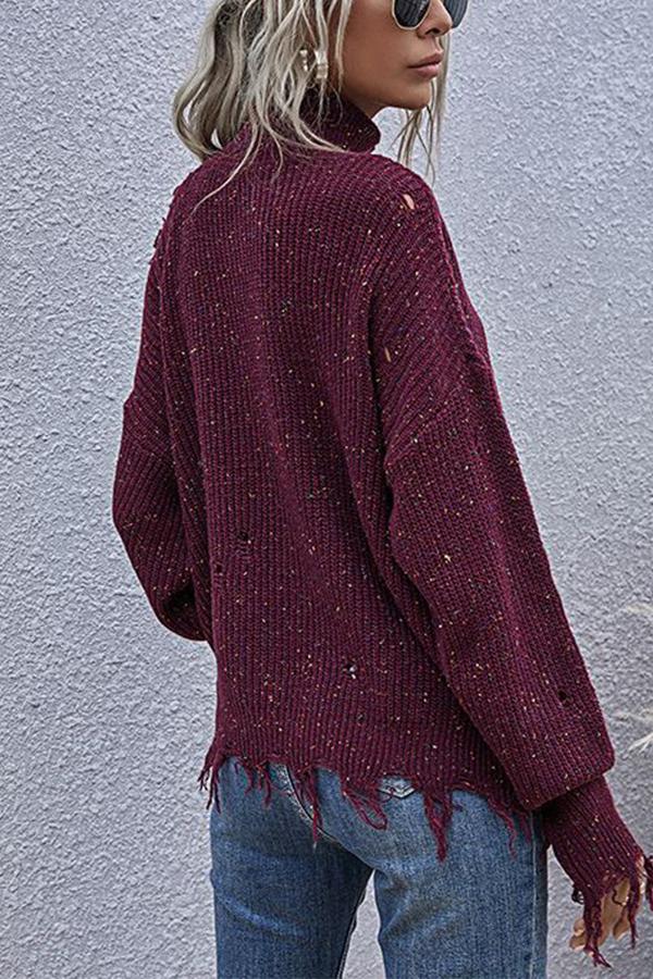 Off-shoulder Ripped Long-sleeved High-neck Knitted Sweater