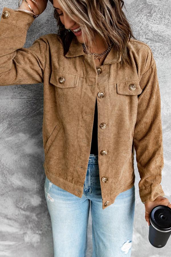 Ribbed Corduroy Long Sleeve Jacket with Pocket