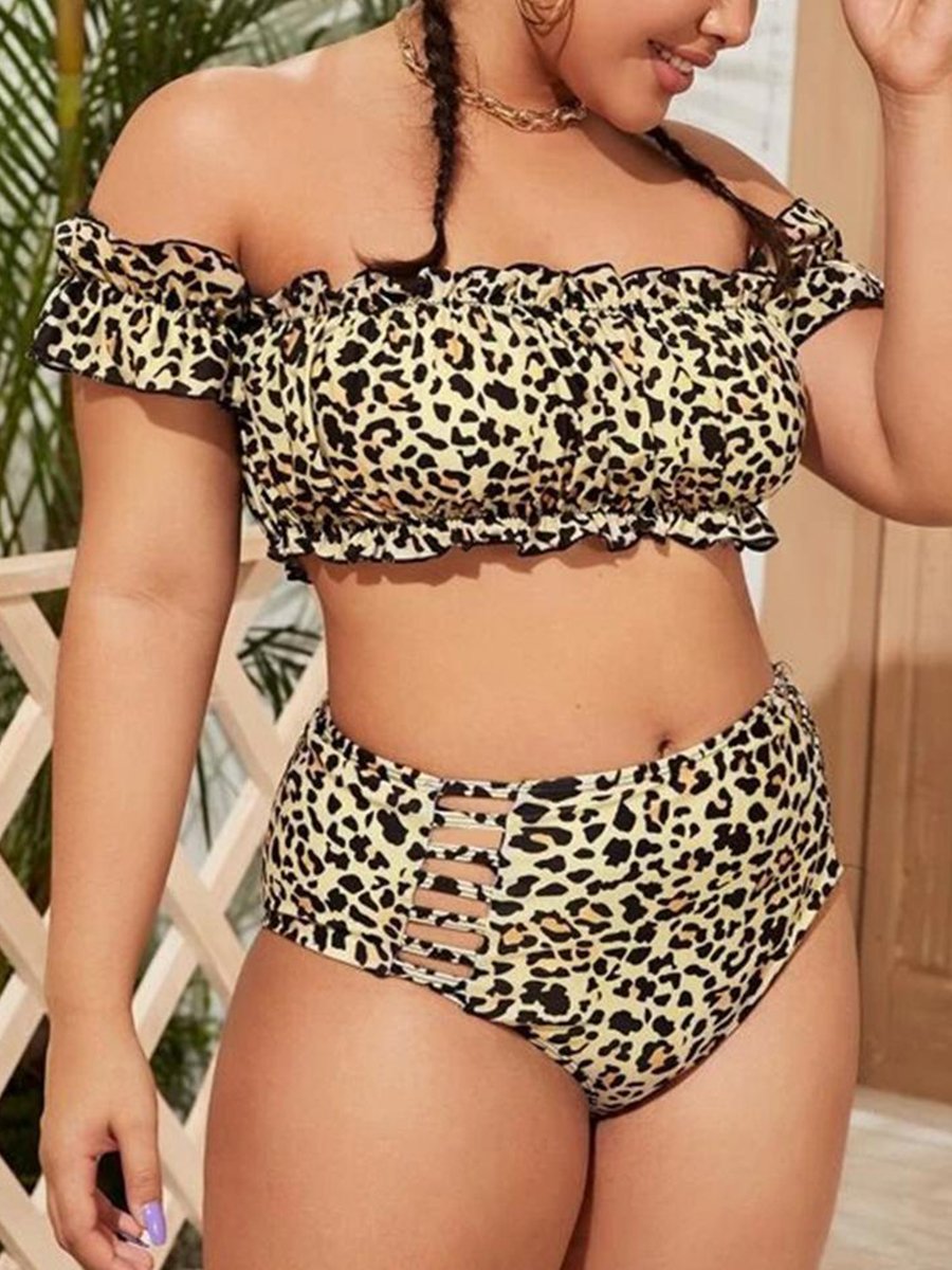 Sweet Off The Shoulder Leopard Print Ruffle Design Hollow-out Tankini