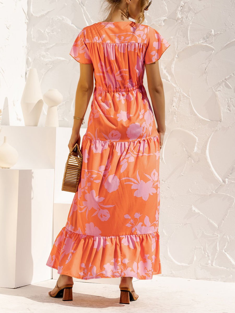 V-neck Floral Print Maxi Dress