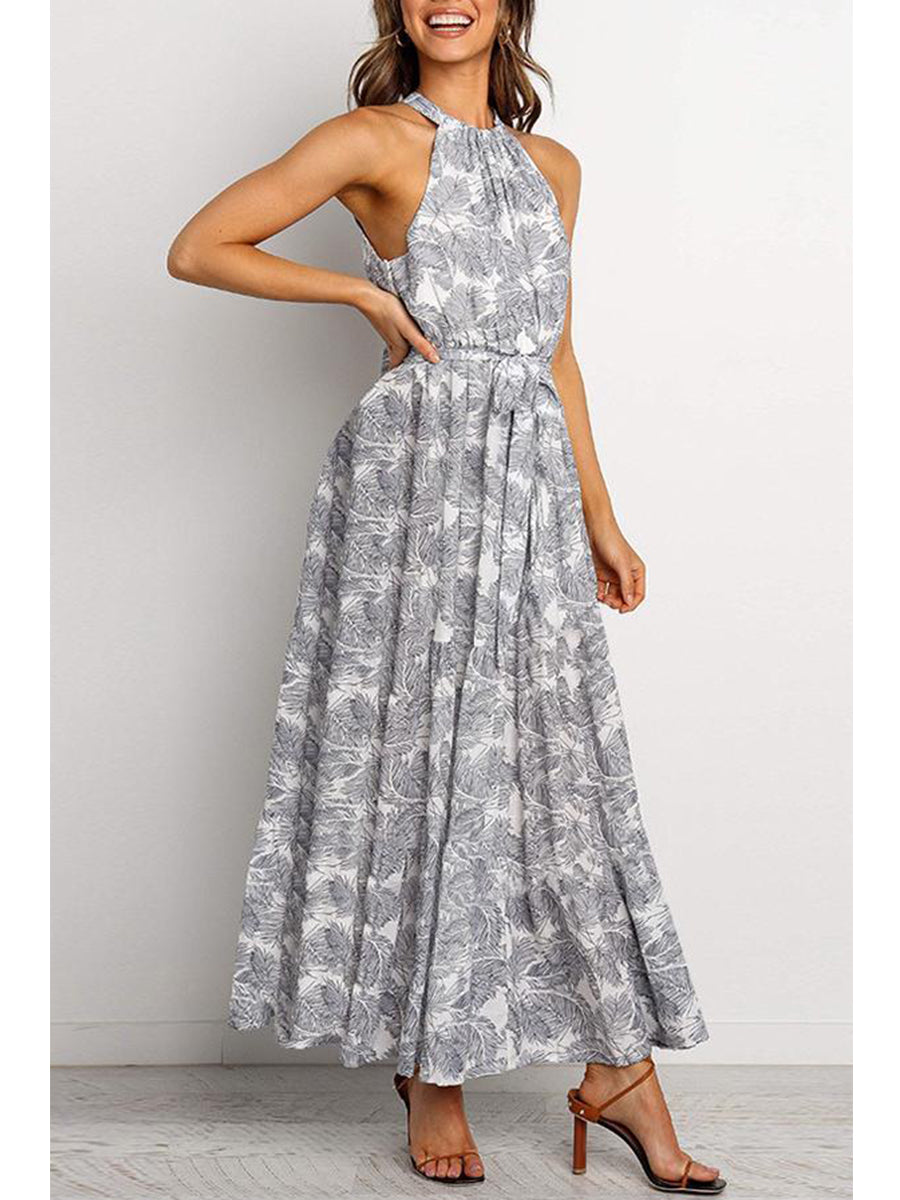Bohemian Floral Print Halter Maxi Dress