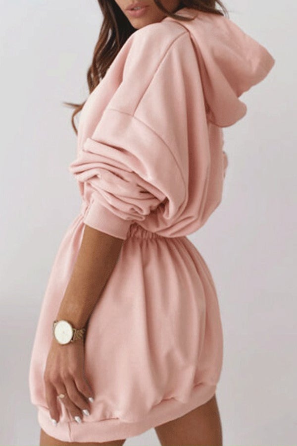 Waist Long Sleeve Fleece Hooded Sweatshirt Dress