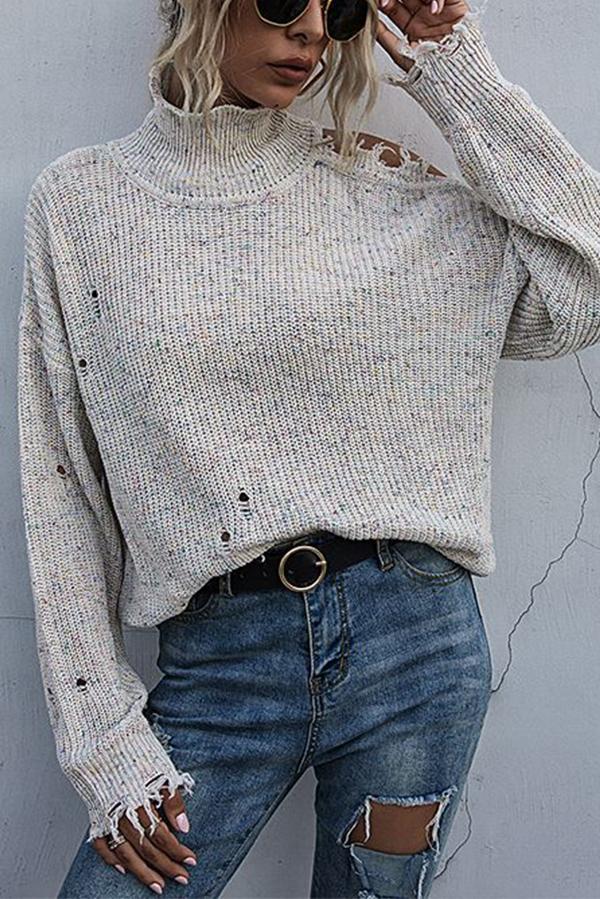 Off-shoulder Ripped Long-sleeved High-neck Knitted Sweater