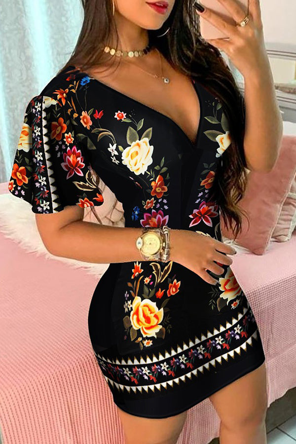 Ruffles Sleeve Floral Print Bodycon Dress