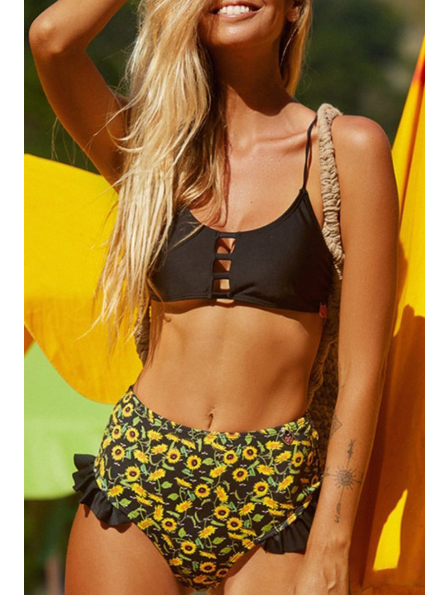 Floral Printed Bandage Hollow-out Design Yellow Bikini Set