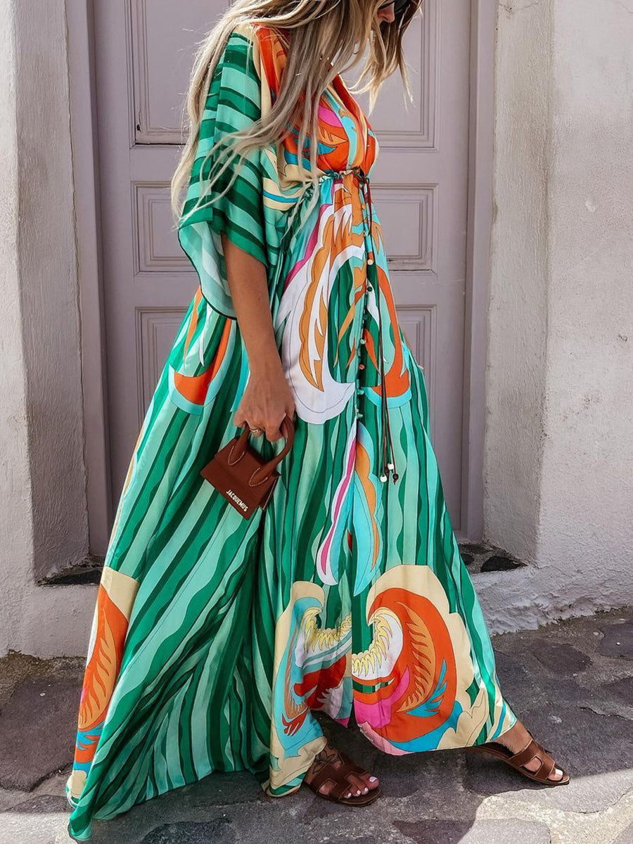 Digital Print V-neck Smocked Split Floor Length Dress