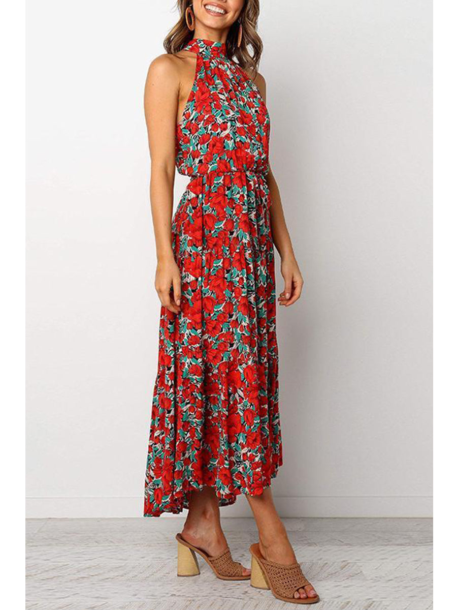 Bohemian Floral Print Halter Maxi Dress
