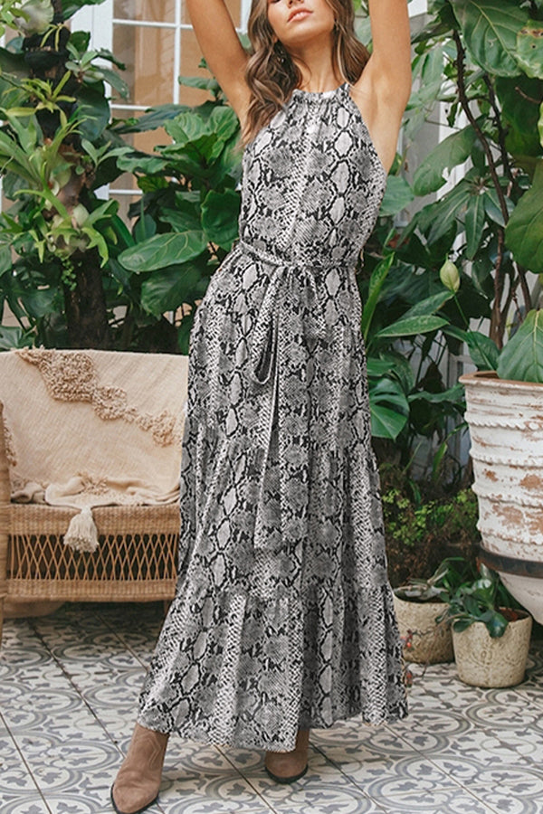 Animal print halter neck halter strap elegant women's dress