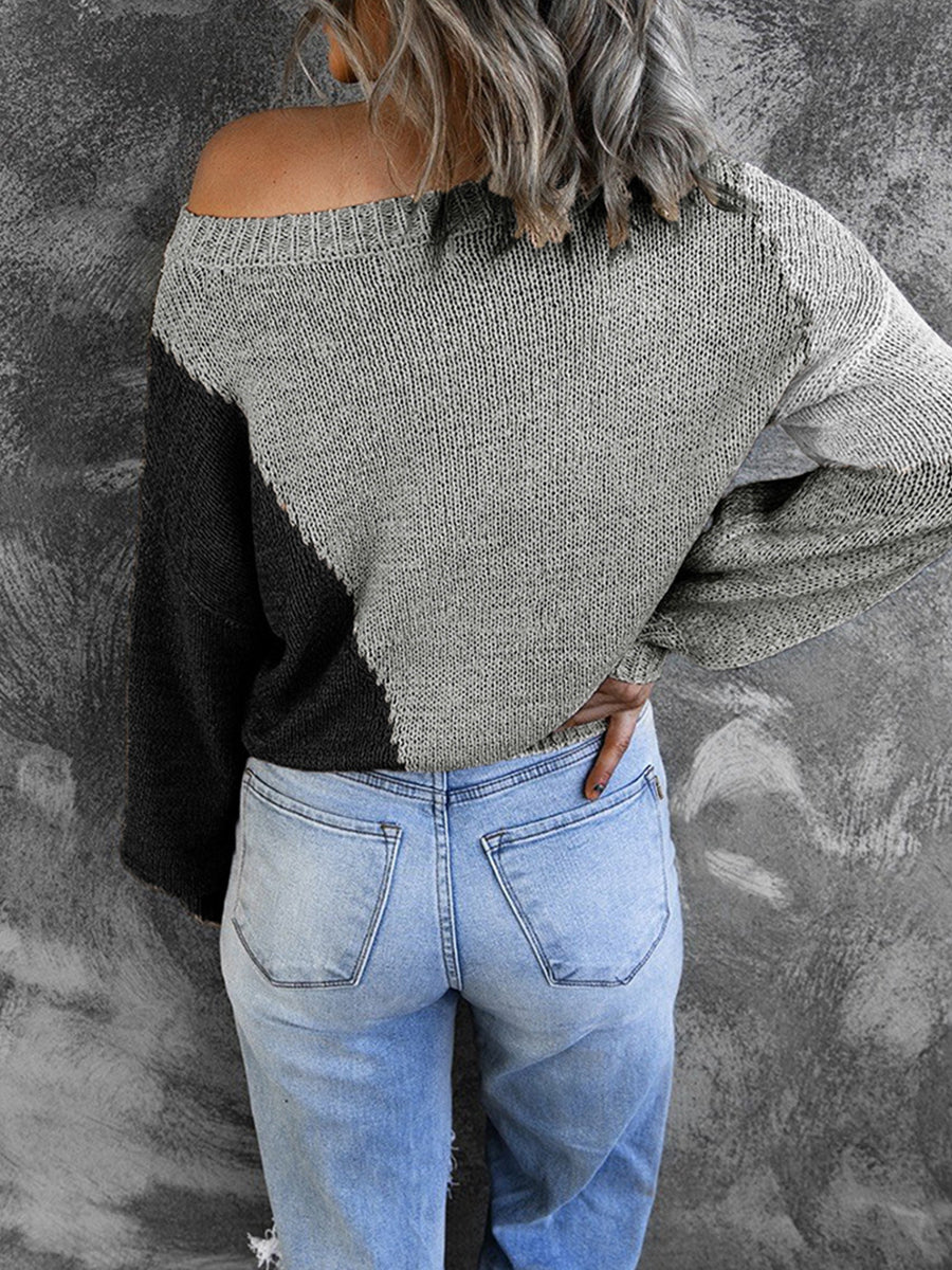 Irregular Color Block Off-shoulder Sweater