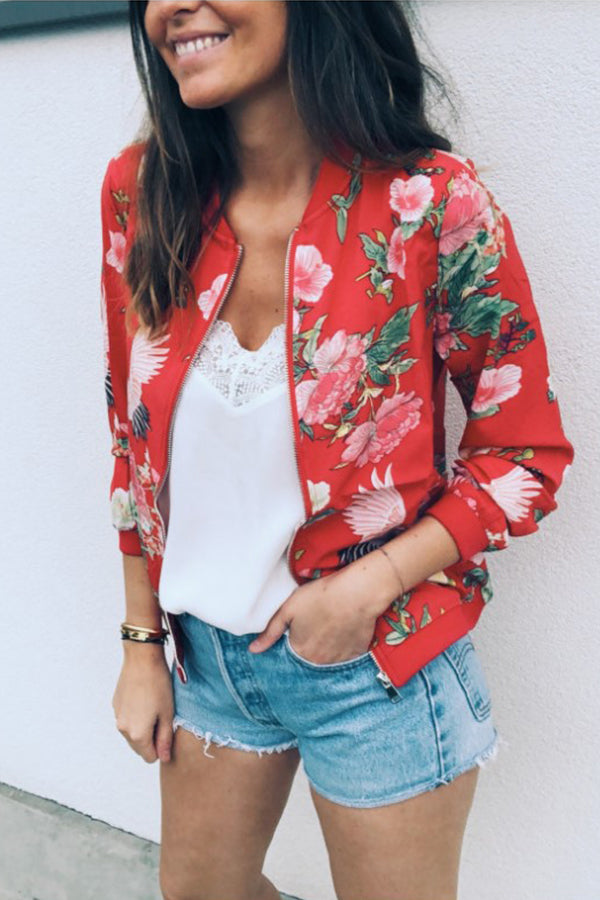 Round Neck Zipper Long Sleeve Printed Jacket