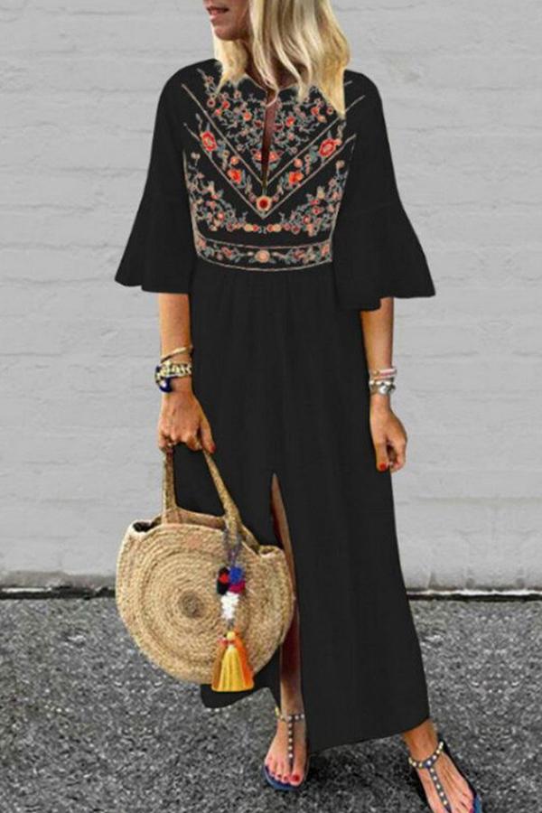Pleated Front Slit Bell Sleeve Mexico Bohemian Beachwear Maxi Dress