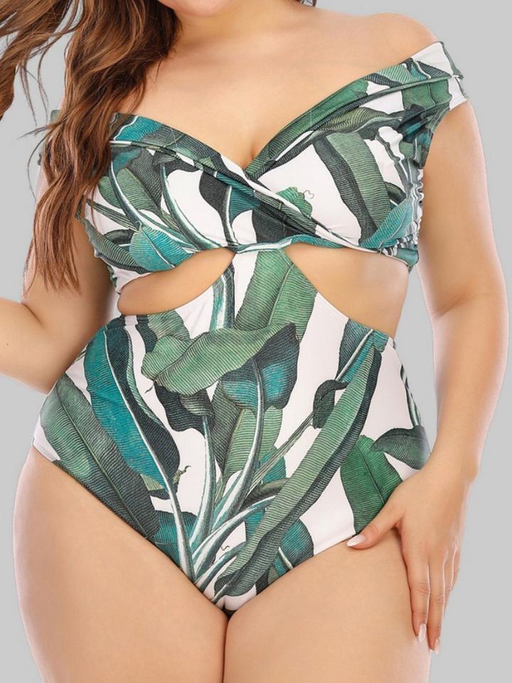 Floral Print Hollow-out Green One-piece Swimsuit