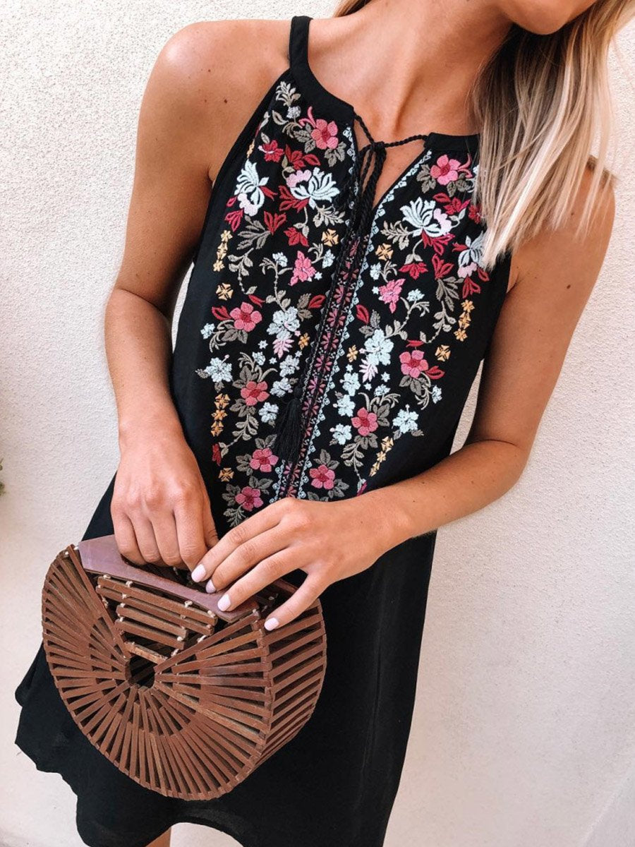 Stylish Sleeveless Lace-up Floral Print Dress