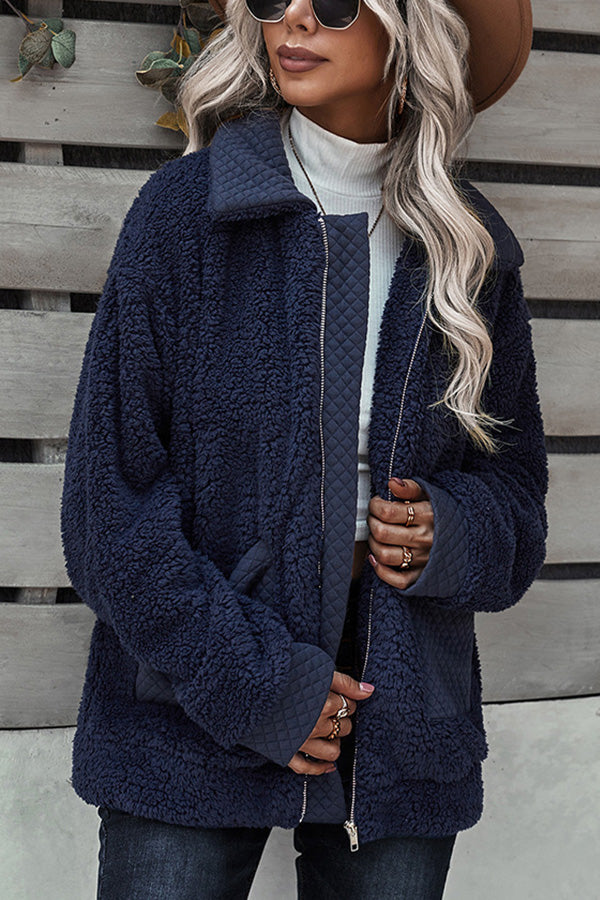 Long Sleeve Pocket Detail Zip Up Teddy Coat