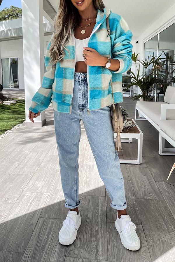 Plaid Hooded Long Sleeve Zipper Pocket Jacket
