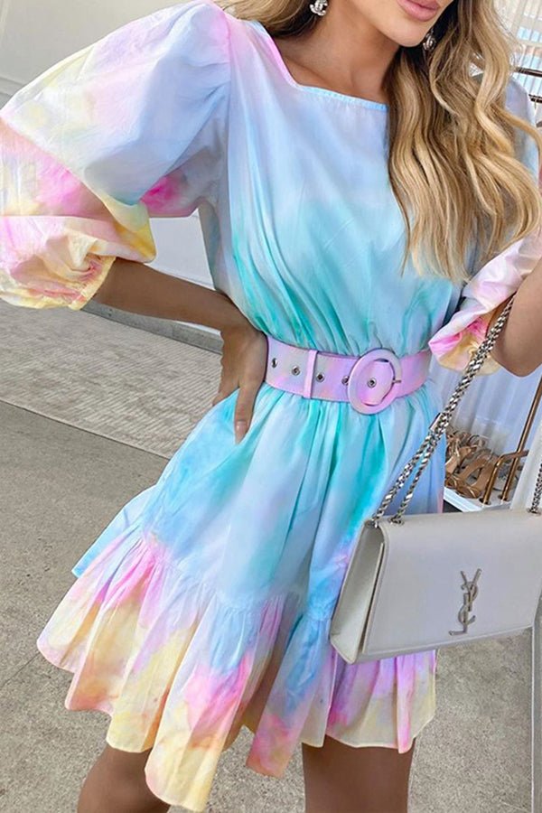 Tie-Dye Resort Ruffled Nipped Waist Mini Dress