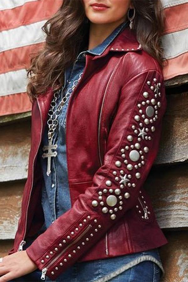 Vintage Lapel Rivet Leather Jacket