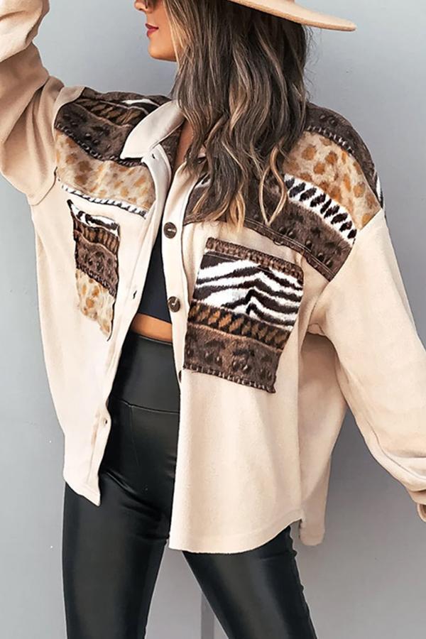 Fashion Print Stitching Pocketed Shacket
