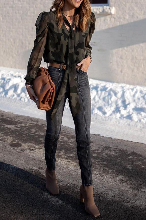 Camo Puff Sleeve V-neck Chiffon Blouse
