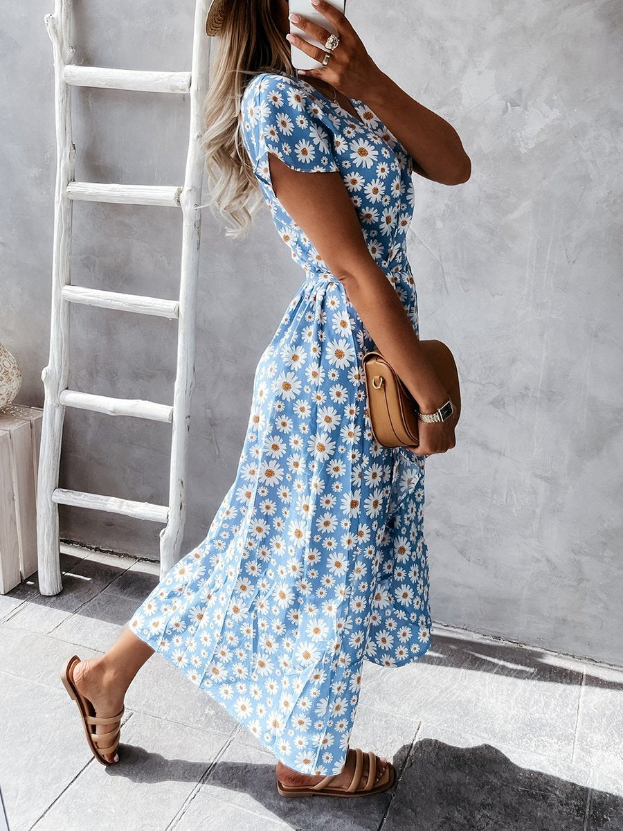 Daisy Print V-neck Short Sleeve Wrap Maxi Dress